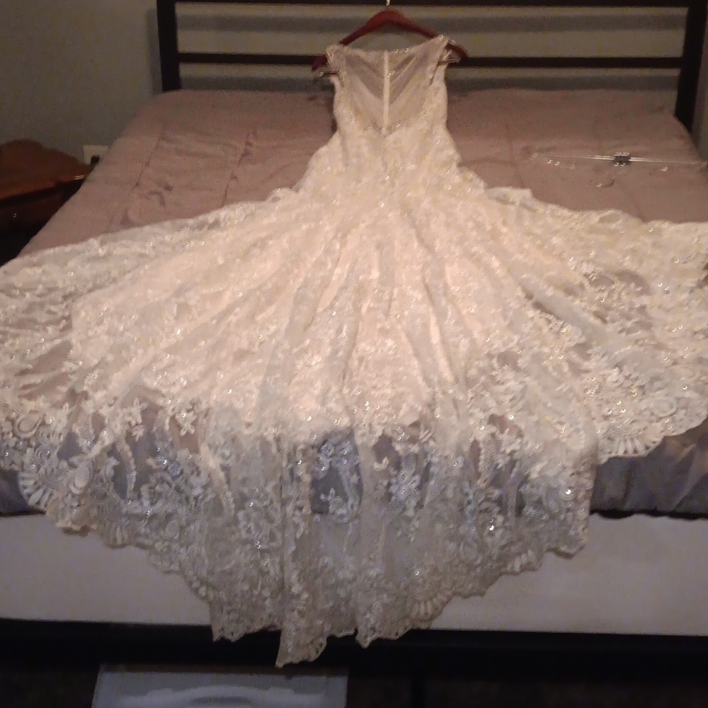 Never worn Wedding Gown size 3 Brand unknown overall length is approx 90" - Picture 3 of 7